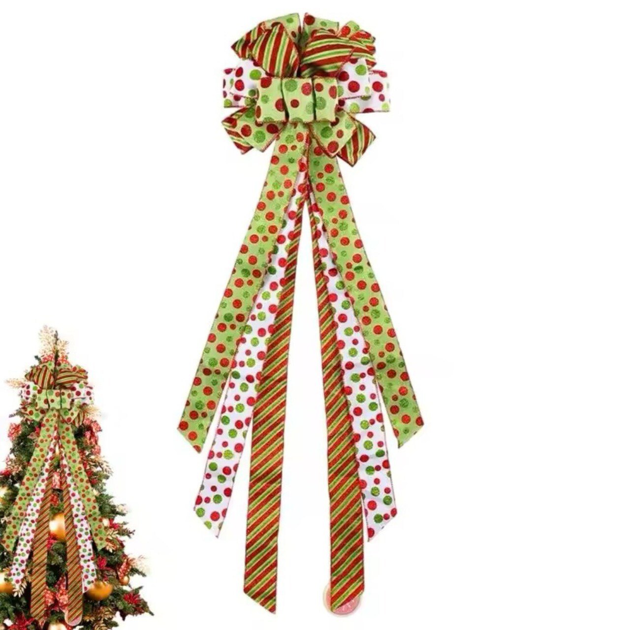 Christmas Tree Topper Wreath Bow Large Green Christmas Bow Tree Topper Red Green Dot Gift Bow for Xmas Ornament Holiday Decoration